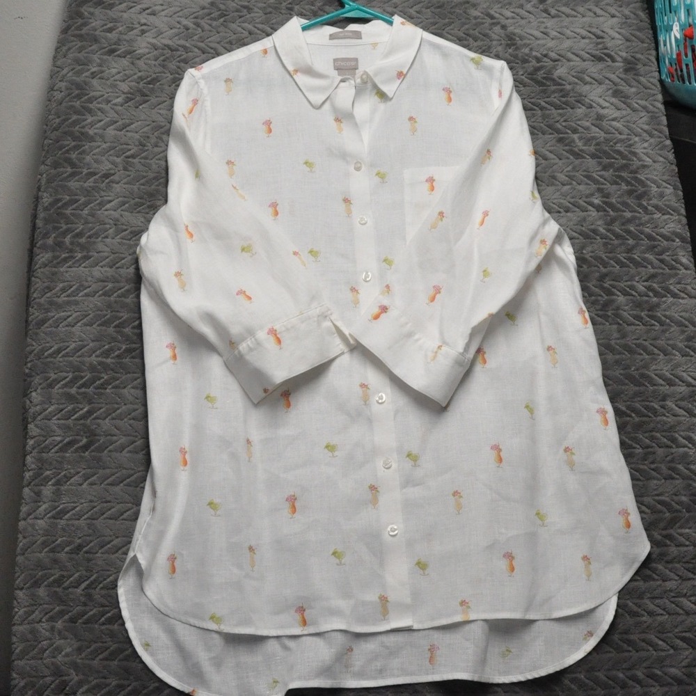 Chico's No Iron Linen Shirt 3 White Tropical Cocktail Print‎ Excellent (1765)